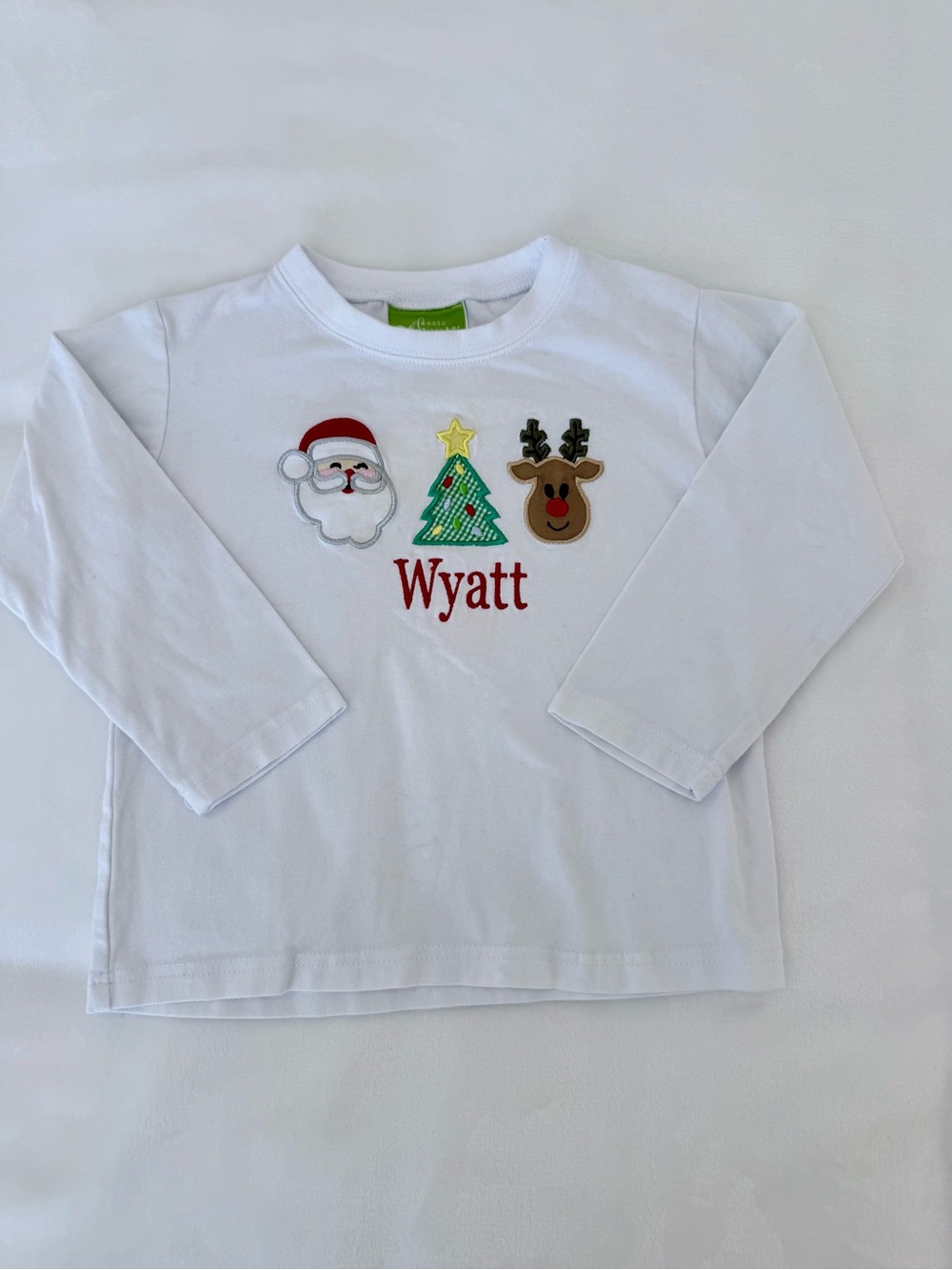 Classic Whimsy Christmas Long-sleeve shirt with Wyatt monogram (size 2T)